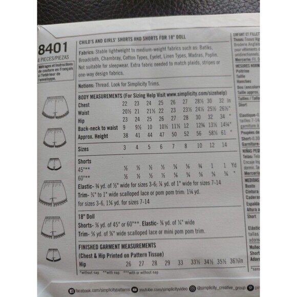 Simplicity American Girl Pattern 8401 18" Doll and Girl's Shorts Learn to Sew - Picture 9 of 11